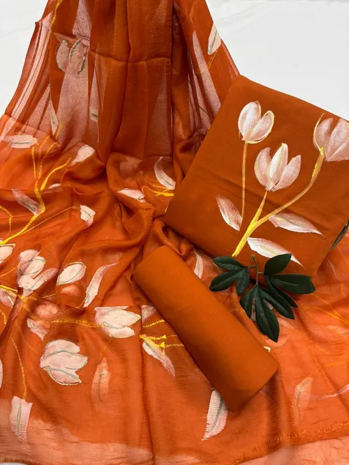 Hand-Painted Cotton Suit Set with Flowing Chiffon Dupatta